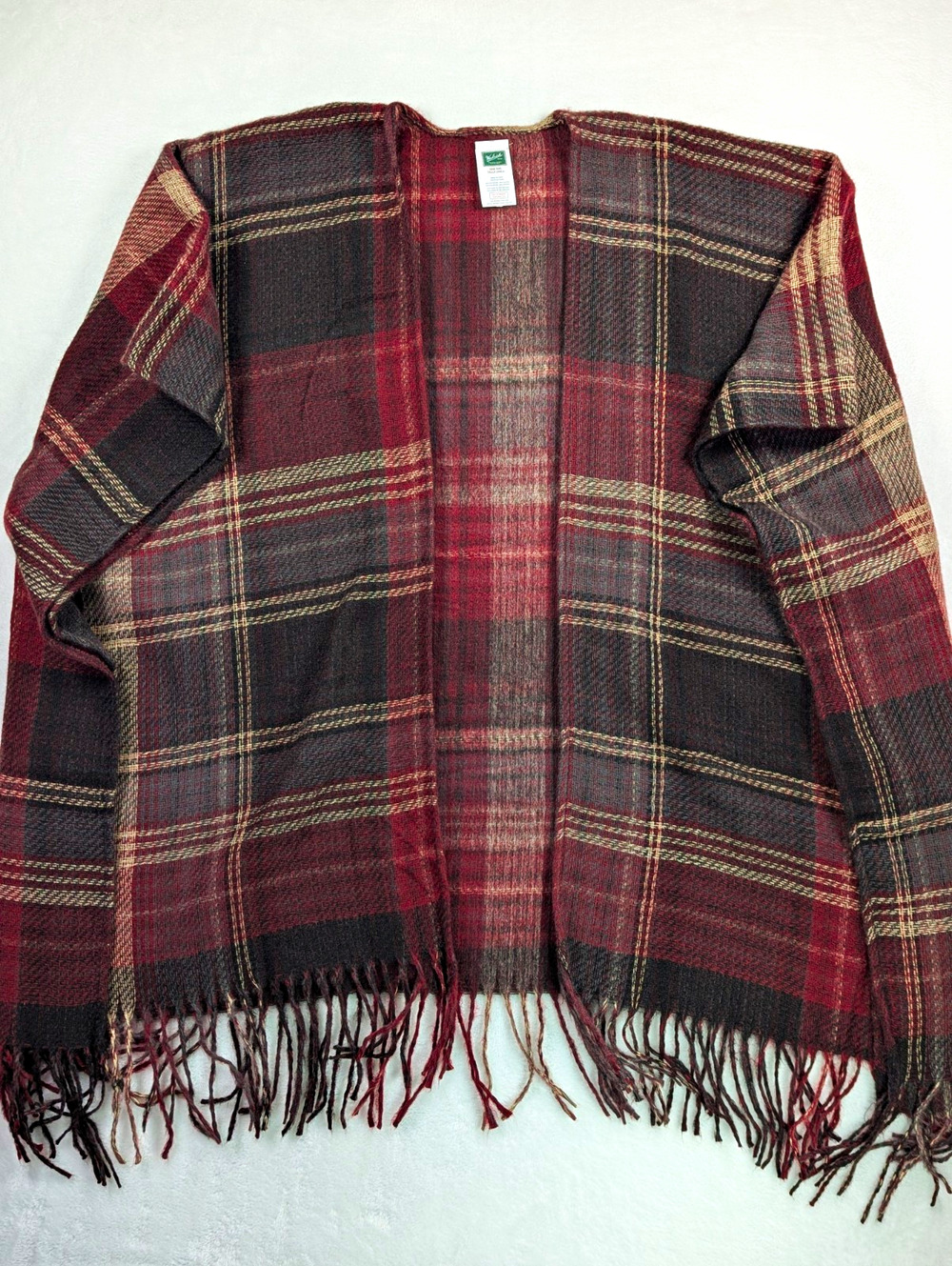 Woolrich Plaid Fringed Blanket Wrap Poncho Shawl One Size Burgundy Excellent